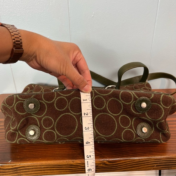 TUMI Wool Leather Trim Tote Shoulder Bag and Wallet Brown Green 13"x9.5" Circles - Picture 11 of 16